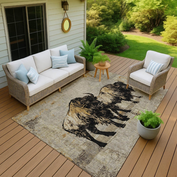 HomeRoots 5' X 8' Khaki Black Ivory Animal Print Area Rug – Durable, Washable, Indoor/Outdoor Style for Any Space 640083