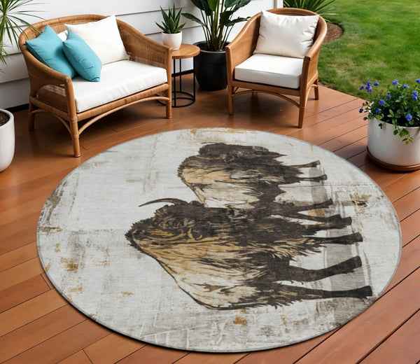 HomeRoots 8' Washable Round Area Rug in Khaki, Black & Ivory - Durable, Stylish Animal Print for Indoor & Outdoor Use 640084