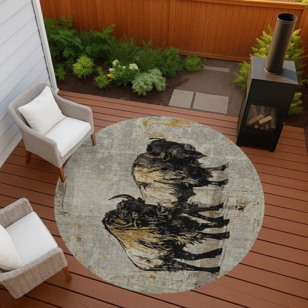 HomeRoots 8' Washable Round Area Rug in Khaki, Black & Ivory - Durable, Stylish Animal Print for Indoor & Outdoor Use 640084