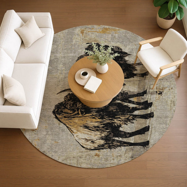 HomeRoots 8' Washable Round Area Rug in Khaki, Black & Ivory - Durable, Stylish Animal Print for Indoor & Outdoor Use 640084