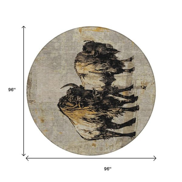 HomeRoots 8' Washable Round Area Rug in Khaki, Black & Ivory - Durable, Stylish Animal Print for Indoor & Outdoor Use 640084