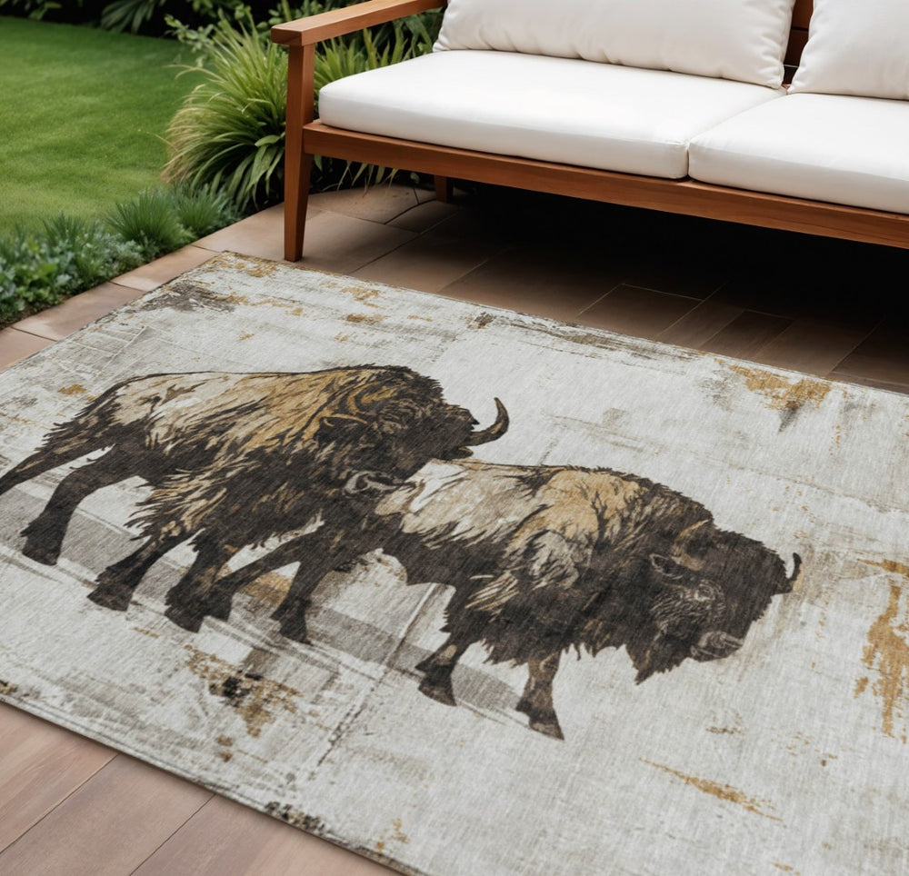 HomeRoots 9' X 12' Khaki Black Ivory Animal Print Washable Rug – Stylish, Durable, Indoor & Outdoor Use! 640086