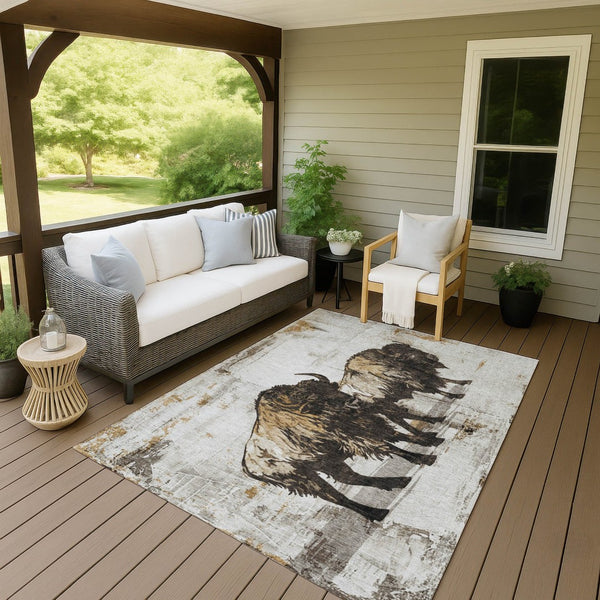 HomeRoots 5' X 8' Stylish Beige and Charcoal Animal Print Washable Area Rug for Indoor and Outdoor Spaces 640089