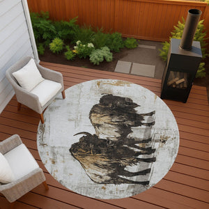 HomeRoots 8' Round Washable Animal Print Area Rug in Beige, Ivory & Charcoal - Durable for Indoor & Outdoor Use 640090