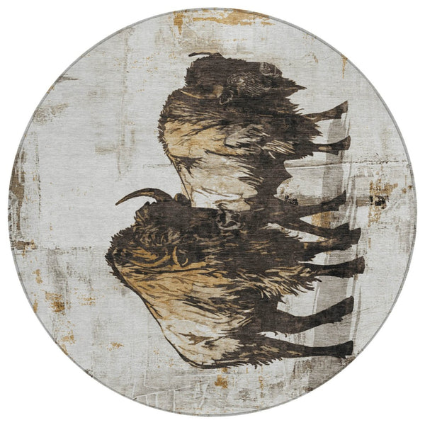 HomeRoots 8' Round Washable Animal Print Area Rug in Beige, Ivory & Charcoal - Durable for Indoor & Outdoor Use 640090