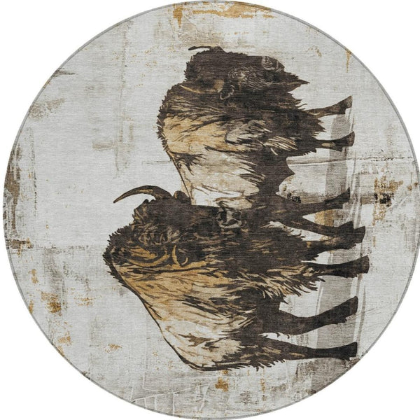 HomeRoots 8' Round Washable Animal Print Area Rug in Beige, Ivory & Charcoal - Durable for Indoor & Outdoor Use 640090