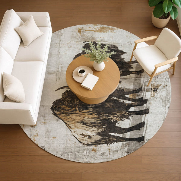 HomeRoots 8' Round Washable Animal Print Area Rug in Beige, Ivory & Charcoal - Durable for Indoor & Outdoor Use 640090