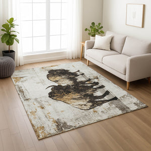 HomeRoots 10' Stylish Beige Ivory Charcoal Animal Print Area Rug - Durable, Washable for Indoor/Outdoor Use 640093