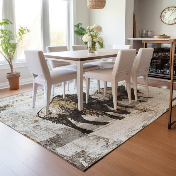 HomeRoots 10' Stylish Beige Ivory Charcoal Animal Print Area Rug - Durable, Washable for Indoor/Outdoor Use 640093
