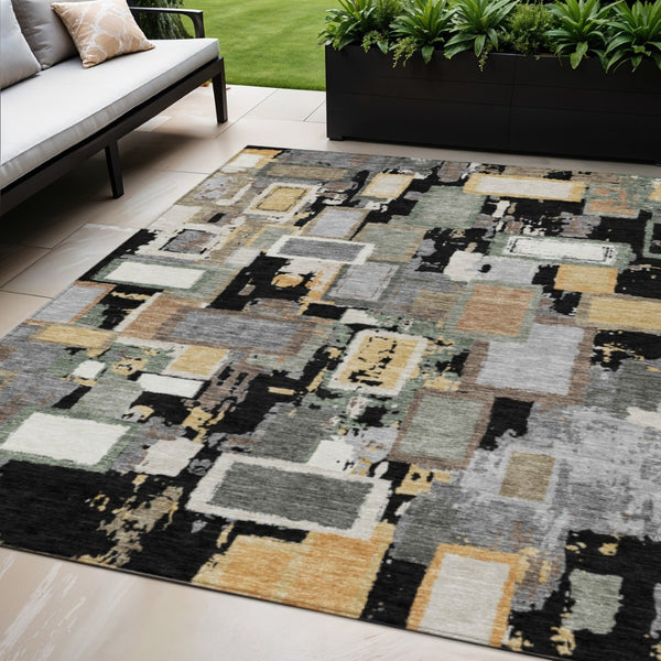 HomeRoots 5' X 8' Black Gold Ivory Geometric Rug - Stylish, Washable, Durable for Indoor & Outdoor Use! 640095