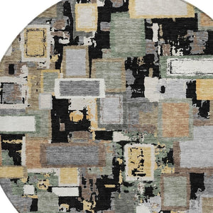 HomeRoots 8' Modern Black Gold Ivory Round Geometric Area Rug - Durable, Washable, Indoor/Outdoor Versatility 640096