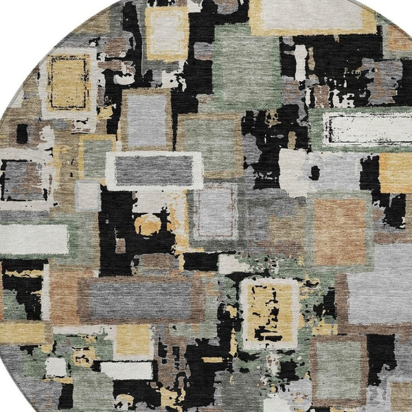 HomeRoots 8' Modern Black Gold Ivory Round Geometric Area Rug - Durable, Washable, Indoor/Outdoor Versatility 640096