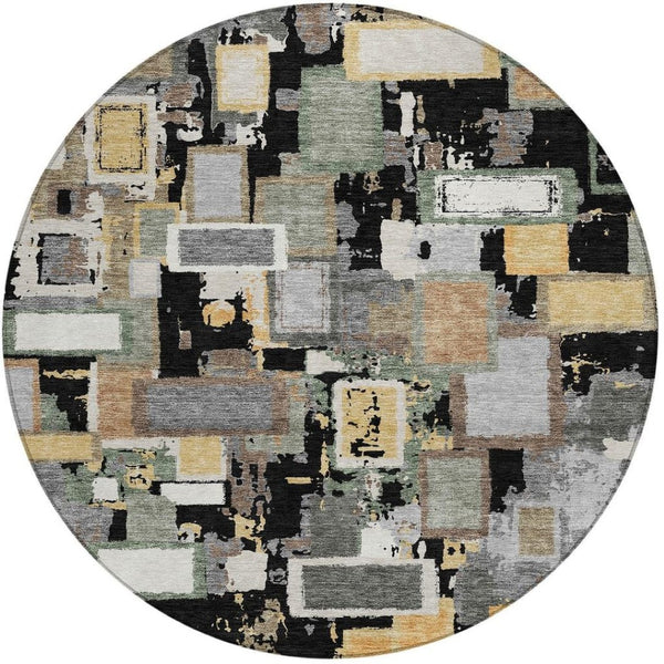 HomeRoots 8' Modern Black Gold Ivory Round Geometric Area Rug - Durable, Washable, Indoor/Outdoor Versatility 640096