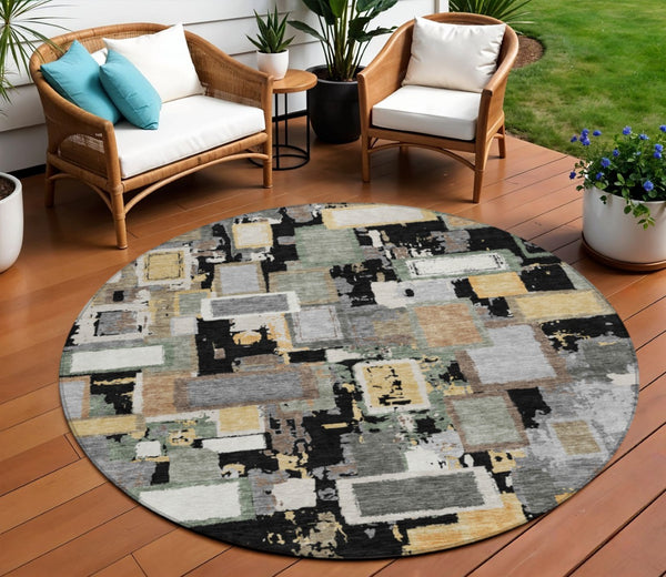 HomeRoots 8' Modern Black Gold Ivory Round Geometric Area Rug - Durable, Washable, Indoor/Outdoor Versatility 640096