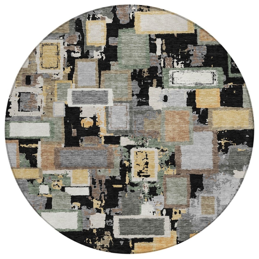 HomeRoots 8' Modern Black Gold Ivory Round Geometric Area Rug - Durable, Washable, Indoor/Outdoor Versatility 640096