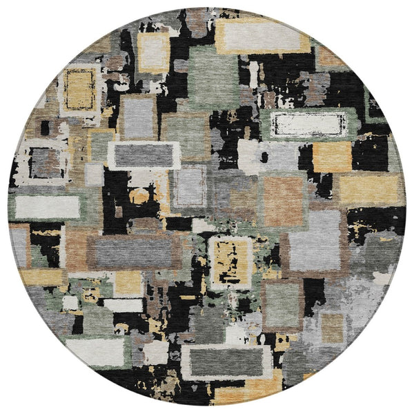 HomeRoots 8' Modern Black Gold Ivory Round Geometric Area Rug - Durable, Washable, Indoor/Outdoor Versatility 640096