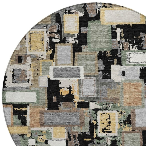 HomeRoots 8' Modern Black Gold Ivory Round Geometric Area Rug - Durable, Washable, Indoor/Outdoor Versatility 640096