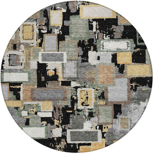 HomeRoots 8' Modern Black Gold Ivory Round Geometric Area Rug - Durable, Washable, Indoor/Outdoor Versatility 640096
