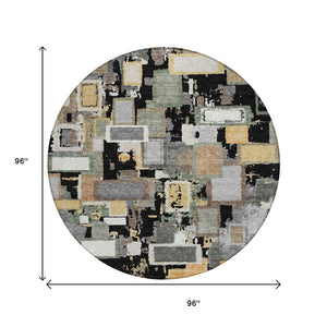 HomeRoots 8' Modern Black Gold Ivory Round Geometric Area Rug - Durable, Washable, Indoor/Outdoor Versatility 640096