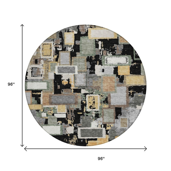 HomeRoots 8' Modern Black Gold Ivory Round Geometric Area Rug - Durable, Washable, Indoor/Outdoor Versatility 640096