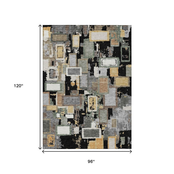 HomeRoots 8' X 10' Stylish Black Gold Ivory Geometric Indoor Outdoor Rug - Durable, Washable & Versatile Design 640097