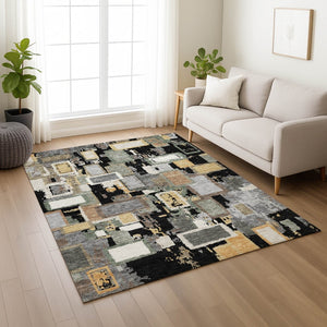 HomeRoots 8' X 10' Stylish Black Gold Ivory Geometric Indoor Outdoor Rug - Durable, Washable & Versatile Design 640097