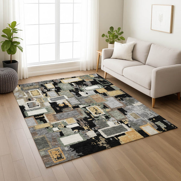 HomeRoots 8' X 10' Stylish Black Gold Ivory Geometric Indoor Outdoor Rug - Durable, Washable & Versatile Design 640097
