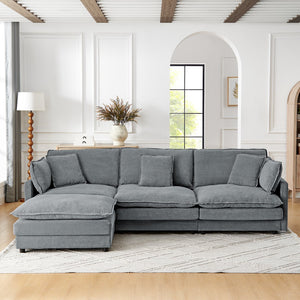 English Elm Modern Sectional Convertible Sofa with Ottoman, Oversized L-Shaped 4-Seater Towel Fabric Comfort Grey W1413S00079