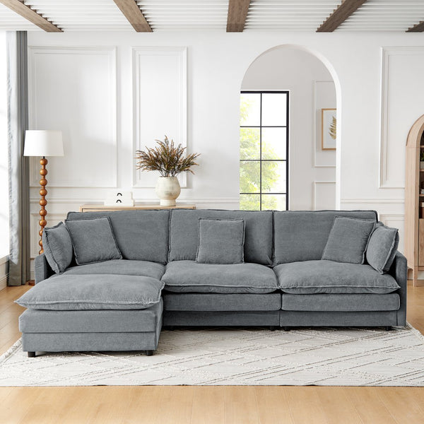 English Elm Modern Sectional Convertible Sofa with Ottoman, Oversized L-Shaped 4-Seater Towel Fabric Comfort Grey W1413S00079