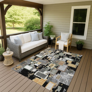 HomeRoots 9' X 12' Stunning Black Gold and Ivory Geometric Washable Area Rug for Indoor and Outdoor Spaces 640098
