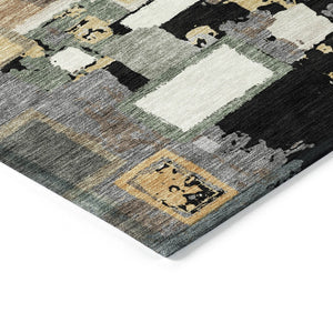 HomeRoots 9' X 12' Stunning Black Gold and Ivory Geometric Washable Area Rug for Indoor and Outdoor Spaces 640098