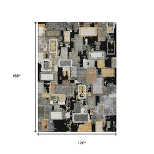 HomeRoots 10' X 14' Geometric Washable Area Rug in Black, Gold & Ivory – Perfect for Indoor & Outdoor Spaces! 640099