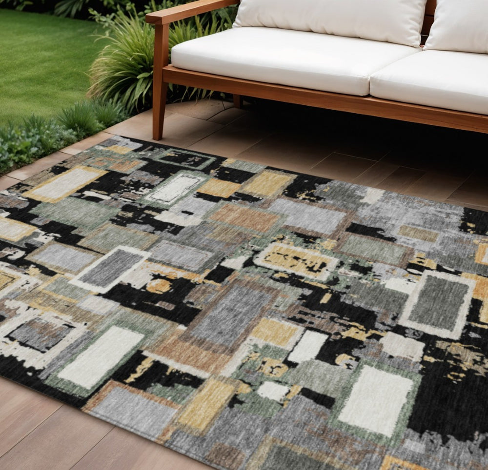 HomeRoots 10' X 14' Geometric Washable Area Rug in Black, Gold & Ivory – Perfect for Indoor & Outdoor Spaces! 640099