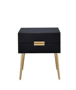 English Elm Denvor Two Drawer End Table with Gold Tapered Legs and Glossy Black Top B2726P445302