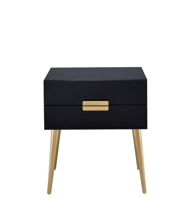 English Elm Denvor Two Drawer End Table with Gold Tapered Legs and Glossy Black Top B2726P445302