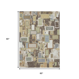 HomeRoots 5' Geometric Washable Area Rug - Durable Indoor/Outdoor Design in Brown, Ivory & Gray for Any Space 640101