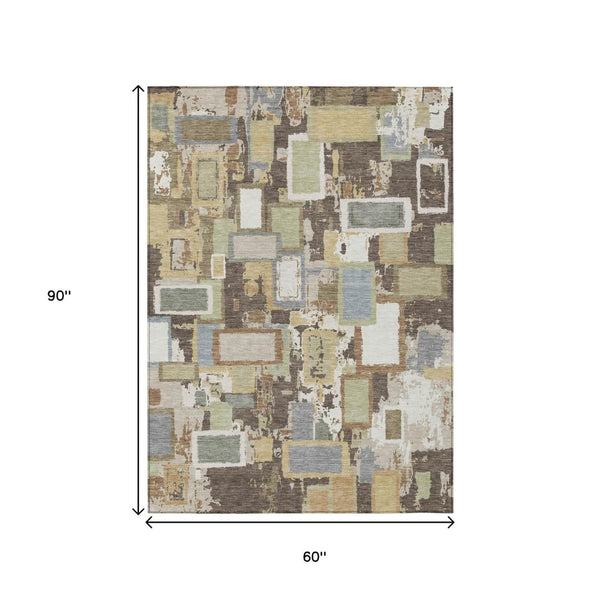 HomeRoots 5' Geometric Washable Area Rug - Durable Indoor/Outdoor Design in Brown, Ivory & Gray for Any Space 640101