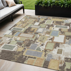 HomeRoots 5' Geometric Washable Area Rug - Durable Indoor/Outdoor Design in Brown, Ivory & Gray for Any Space 640101