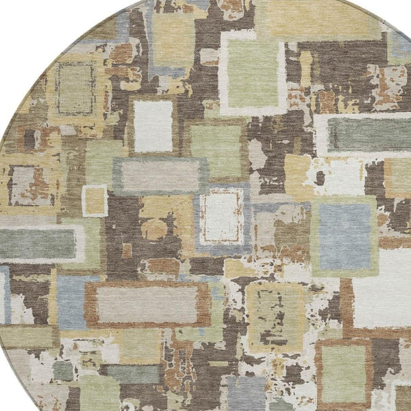 HomeRoots 8' Round Geometric Area Rug in Brown, Ivory & Gray – Stylish, Washable, Durable for Indoor/Outdoor Use 640102