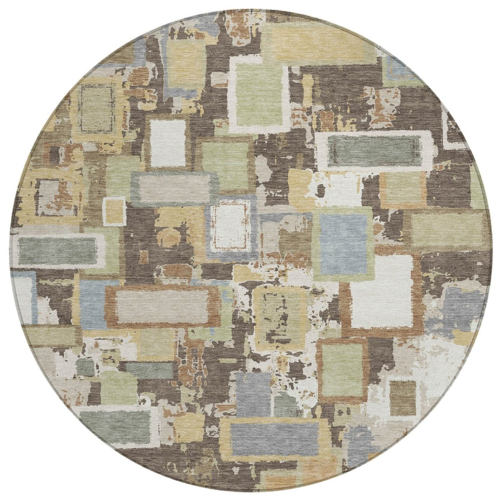 HomeRoots 8' Round Geometric Area Rug in Brown, Ivory & Gray – Stylish, Washable, Durable for Indoor/Outdoor Use 640102