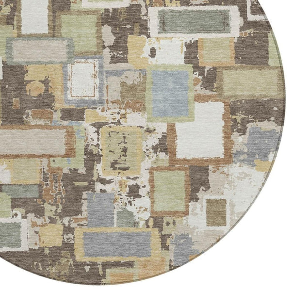 HomeRoots 8' Round Geometric Area Rug in Brown, Ivory & Gray – Stylish, Washable, Durable for Indoor/Outdoor Use 640102