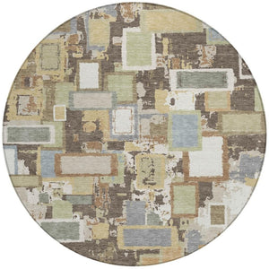 HomeRoots 8' Round Geometric Area Rug in Brown, Ivory & Gray – Stylish, Washable, Durable for Indoor/Outdoor Use 640102