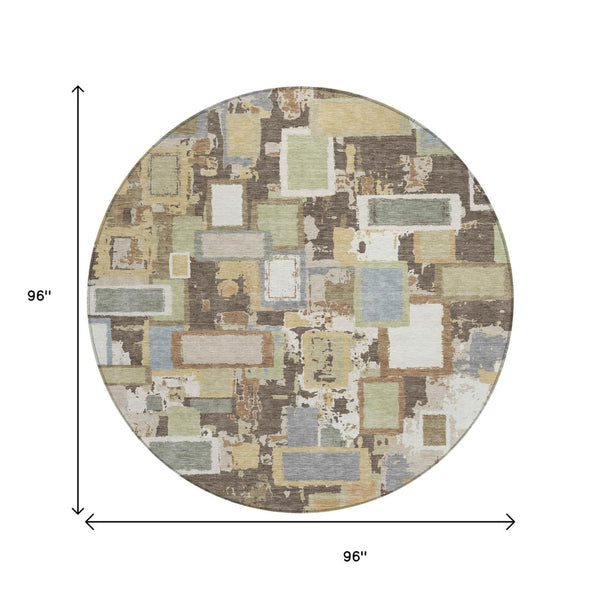 HomeRoots 8' Round Geometric Area Rug in Brown, Ivory & Gray – Stylish, Washable, Durable for Indoor/Outdoor Use 640102
