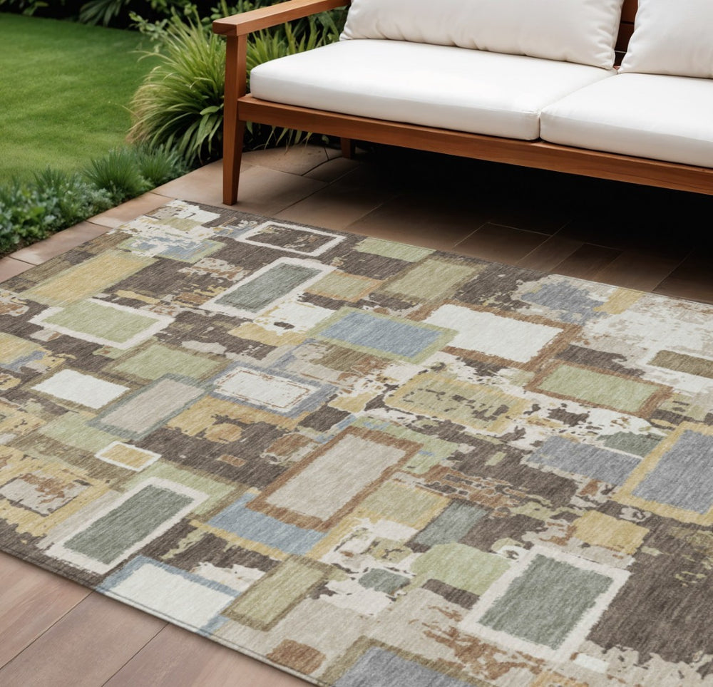 HomeRoots 9' X 12' Stylish Brown Ivory Gray Geometric Washable Area Rug for Indoor Outdoor Versatility 640104