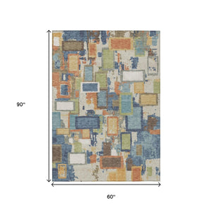 HomeRoots 5' X 8' Washable Indoor Outdoor Area Rug in Denim Blue, Copper & Green - Stylish & Durable Design! 640107