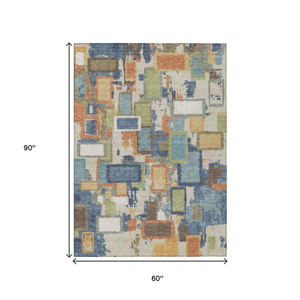 HomeRoots 5' X 8' Washable Indoor Outdoor Area Rug in Denim Blue, Copper & Green - Stylish & Durable Design! 640107