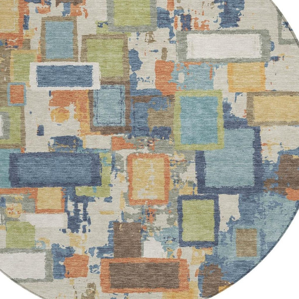 HomeRoots 8' Round Geometric Area Rug in Denim Blue, Copper & Green - Washable, Durable for Indoor/Outdoor Use 640108