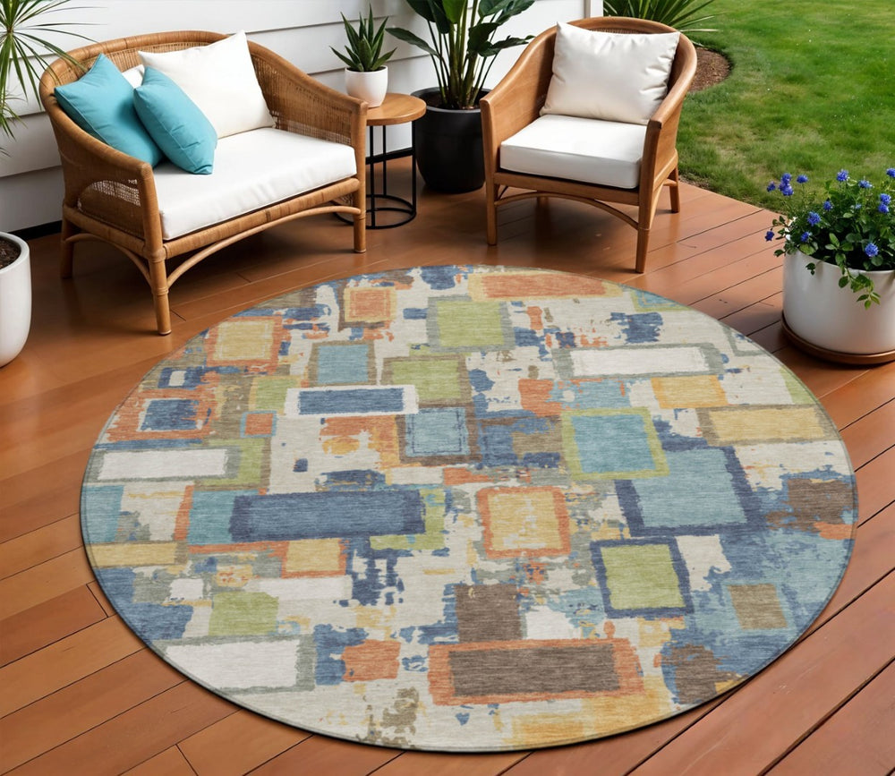 HomeRoots 8' Round Geometric Area Rug in Denim Blue, Copper & Green - Washable, Durable for Indoor/Outdoor Use 640108