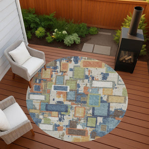HomeRoots 8' Round Geometric Area Rug in Denim Blue, Copper & Green - Washable, Durable for Indoor/Outdoor Use 640108