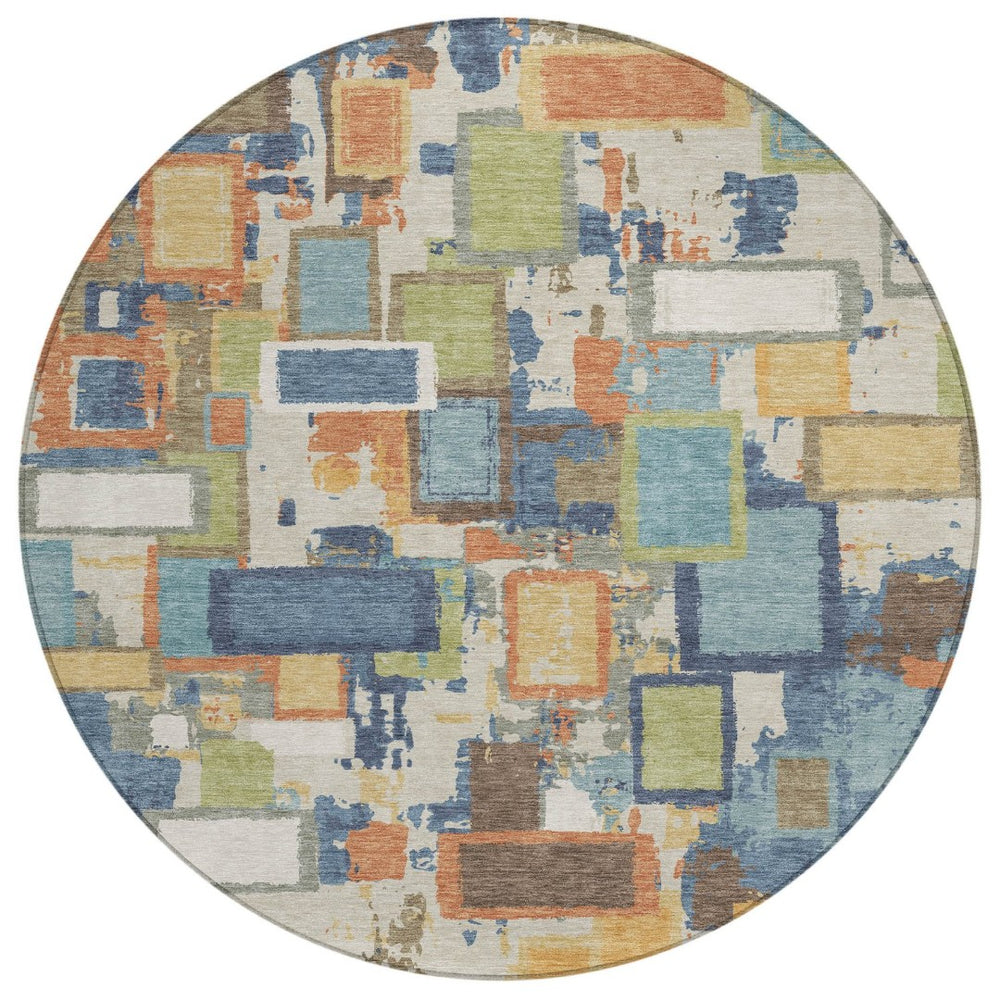 HomeRoots 8' Round Geometric Area Rug in Denim Blue, Copper & Green - Washable, Durable for Indoor/Outdoor Use 640108